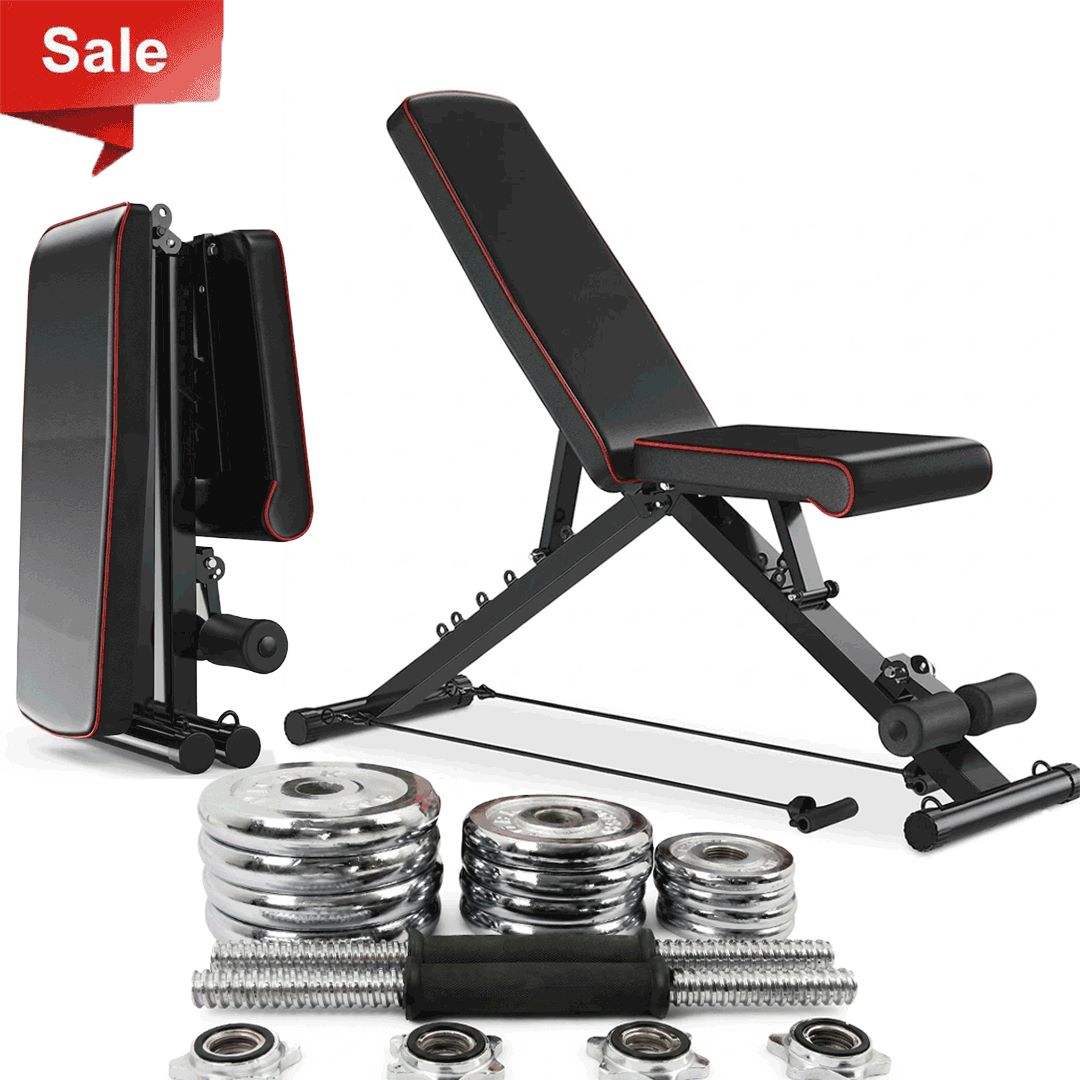 Foldable Heavy Duty Multifunctional Adjustable Bench + 20Kg Chrome Plated Set Offer