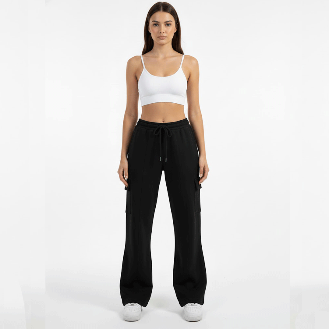 Flare Pants Black Cotton Baggy With Pockets (women)