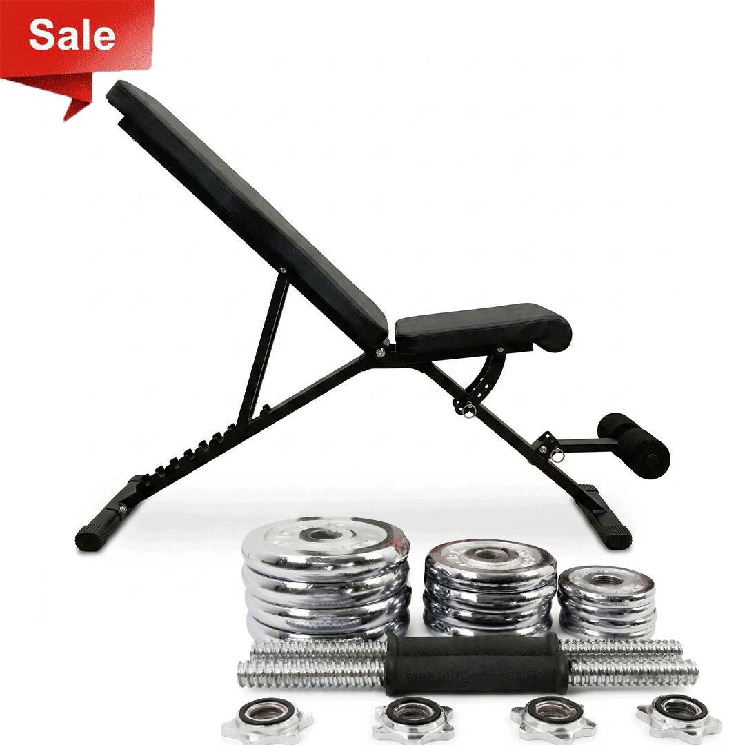 Foldable Multifunctional Adjustable Bench + 20Kg Chrome Plated Set Offer