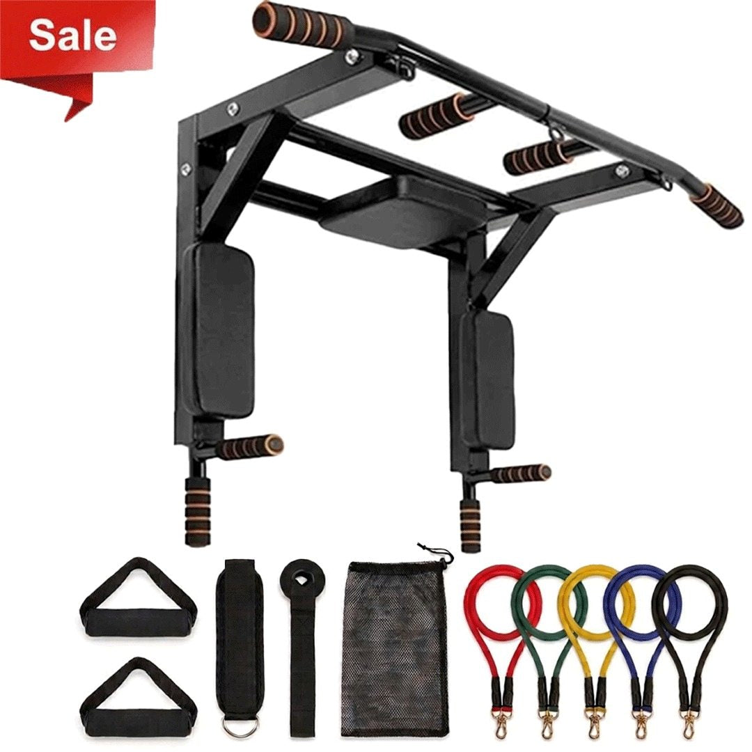2 in 1 Wall Mounted Pull-Up Bar & Dip Station + 11 in 1 resistance band