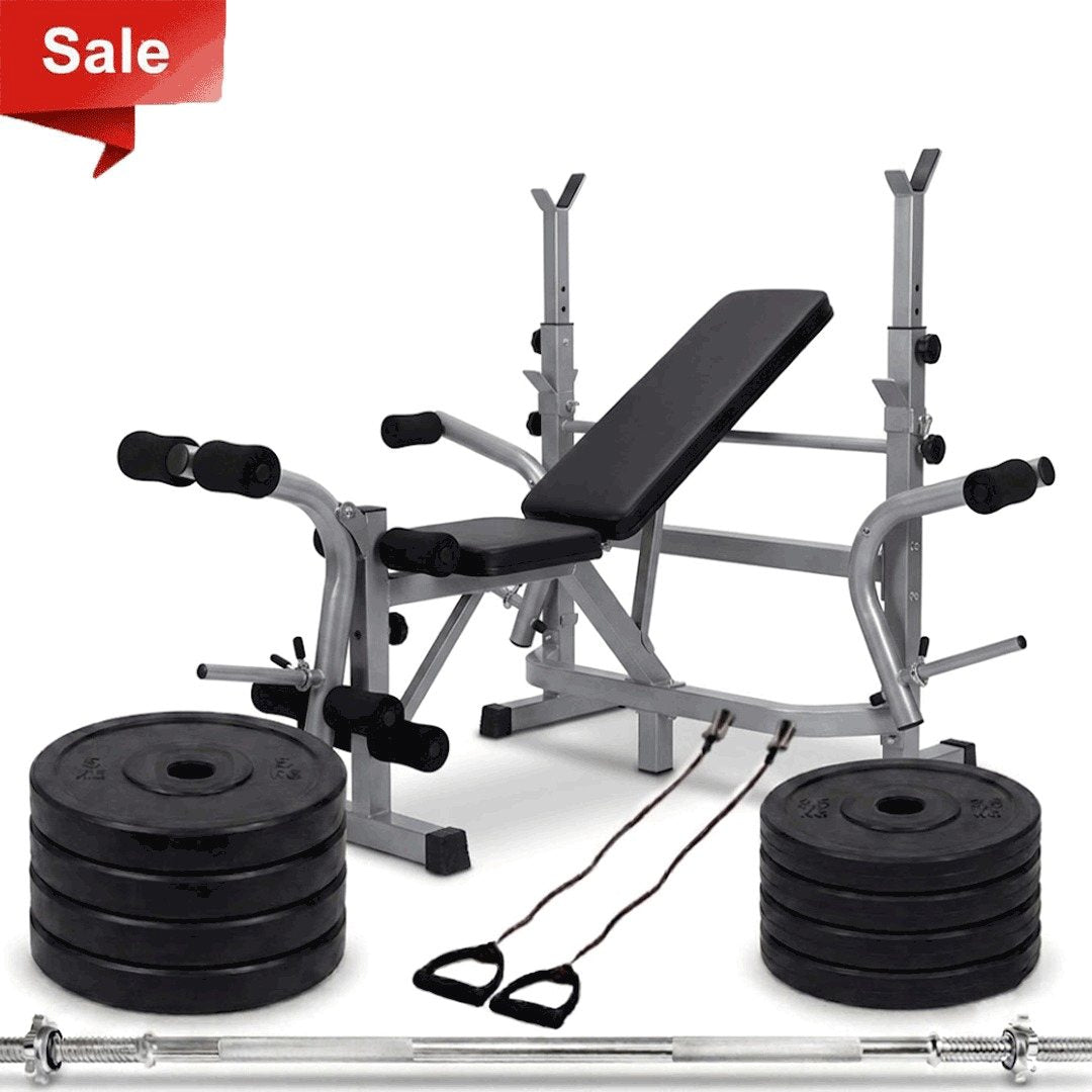 Complete Bench Set Offer (Adjustable Bench, Barbell, 30Kg plates, resistance bands)