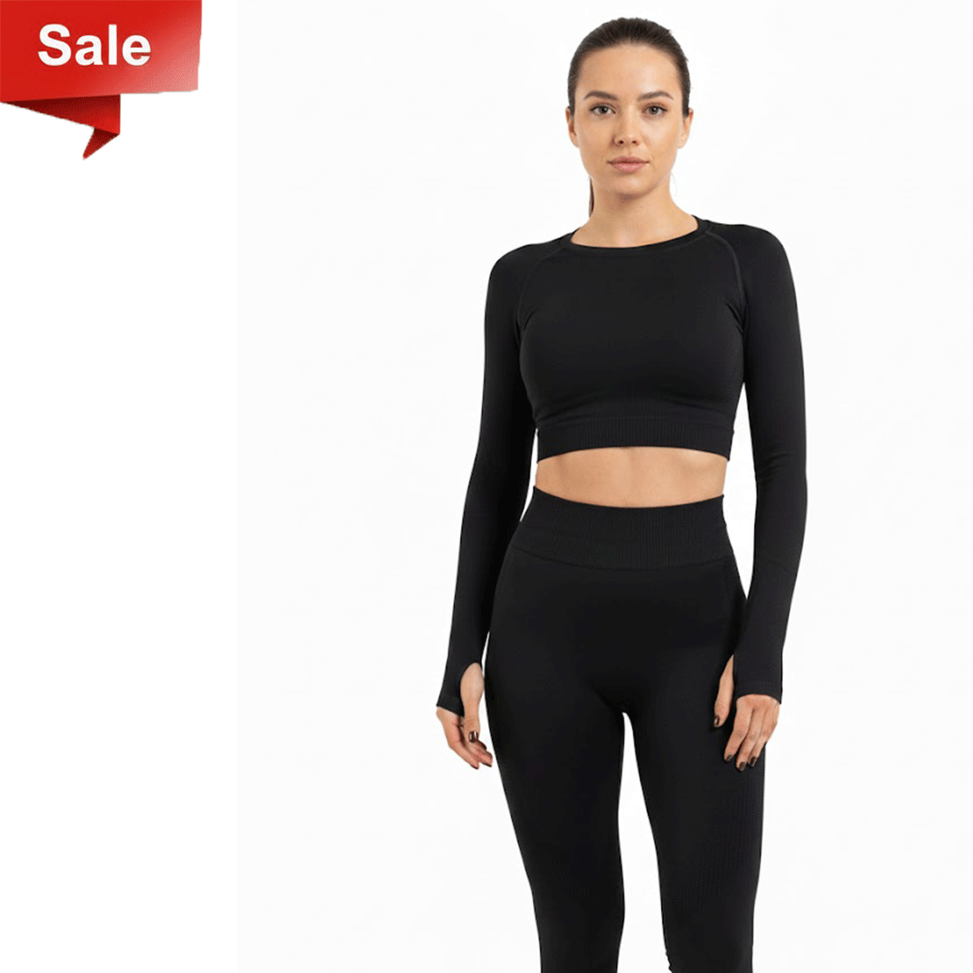 Seamless Leggings + Crop Top  Full Black (Women)
