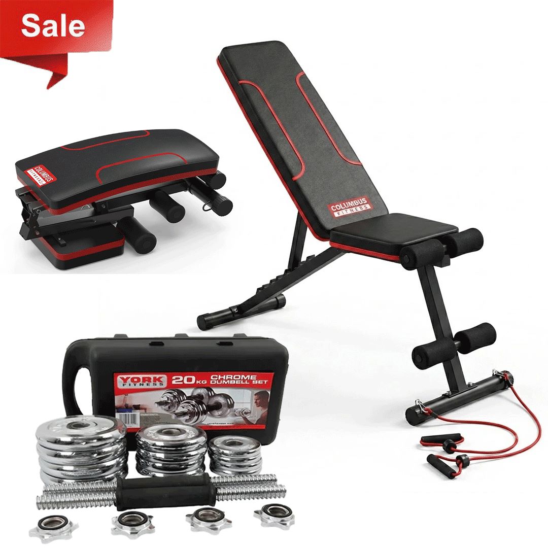 Foldable Heavy Duty Multifunctional Adjustable Bench + 20Kg Chrome Plated Set Offer
